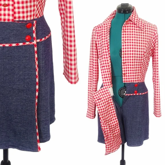 1960s Romper 1970s Jumpsuit Vintage Mini Dress Shorts Red White Blue Gingham - Picture 5 of 7